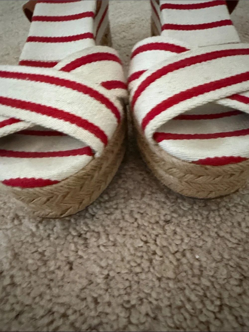 Tory Burch Red and White Striped Espadrille Wedge Sandals with Tan Ankle Strap